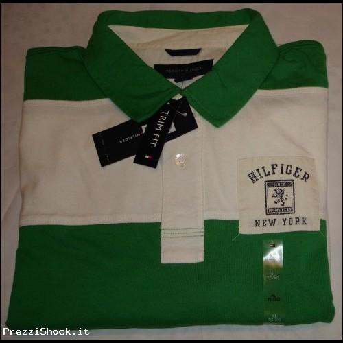 TOMMY HILFIGER MAGLIA POLO VERDE RIGHE BIANCHE TG-XL