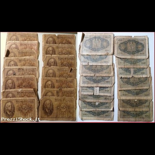 Lotto di banconote Regno d'Italia- 5 Lire - totale 15 pezzi
