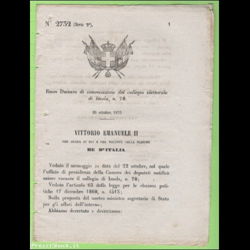 1875 Decreto - Convocazione collegio elettorale di Imola