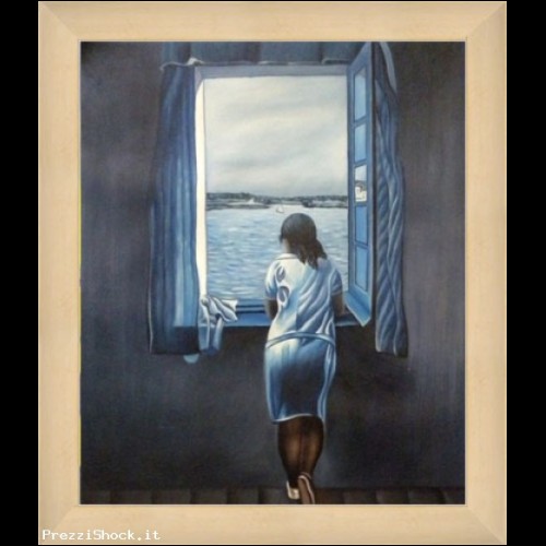 Quadro dipinto donna alla finestra con cornice luna