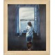 Quadro dipinto donna alla finestra con cornice luna