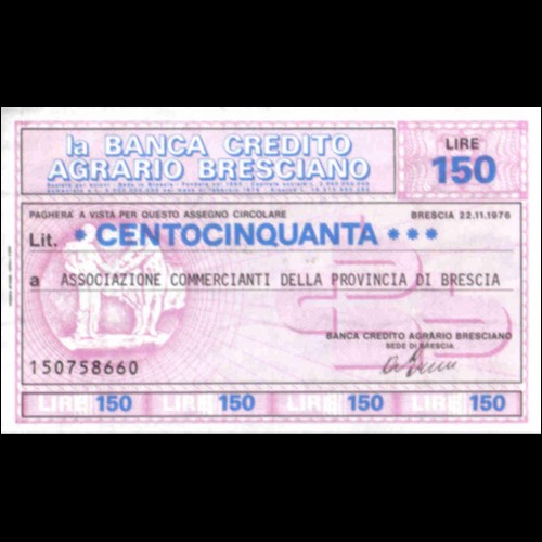 Miniassegni CREDITO AGRARIO BRESCIANO L. 150 22/11/76
