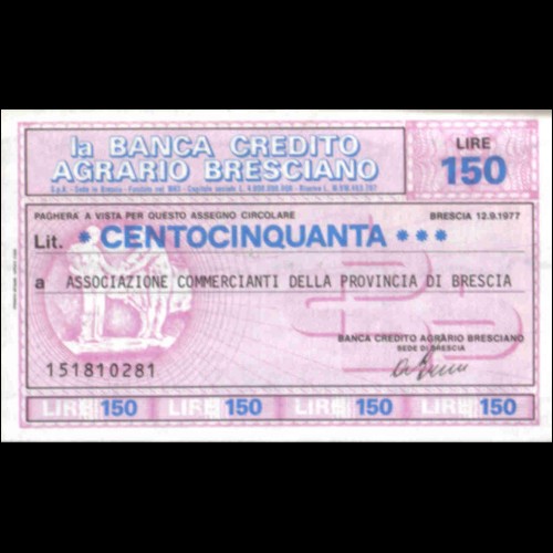 Miniassegni CREDITO AGRARIO BRESCIANO L. 150 12/09/77
