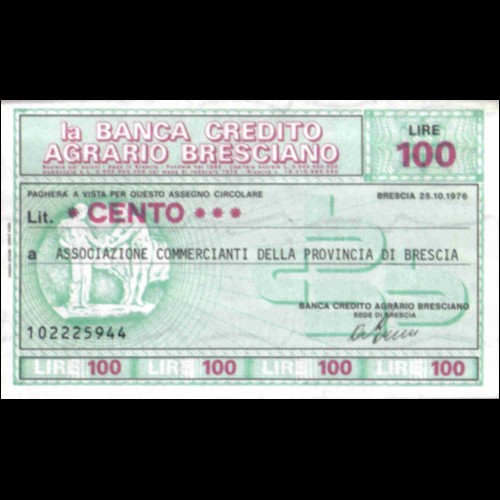 Miniassegni CREDITO AGRARIO BRESCIANO L. 100 25/10/76