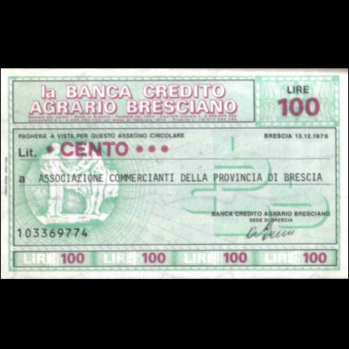 Miniassegni CREDITO AGRARIO BRESCIANO L. 100 13/12/76