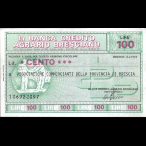 Miniassegni CREDITO AGRARIO BRESCIANO L. 100 13/02/78
