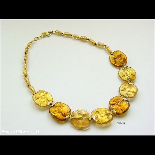 Collana Perle Piatte in Foglia Oro Perle in Vetro di Murano