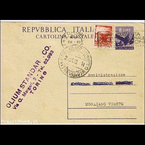 INTERO POSTALE C 134 - L.8 VIOLA - DEMOCRATICA 1948 -