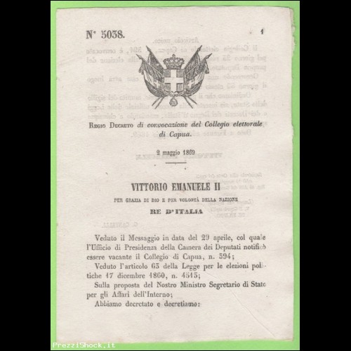 1869 - Decreto - Convocazione collegio elettorale di Capua