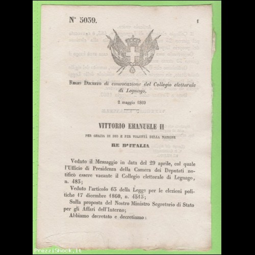 1869 - Decreto - Convocazione collegio elettorale di Legnago