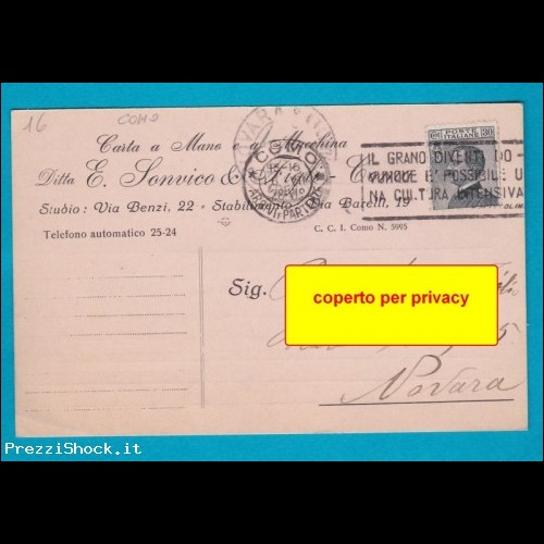 1928 - Como - commerciale con targhetta - storia postale