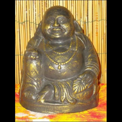Buddha felice in terracotta decorata dorata anticata