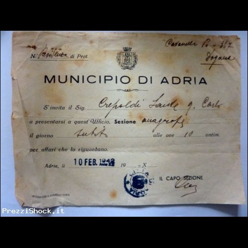 Documento "MUNICIPIO DI ANDRIA Invito Anagrafe" 1942