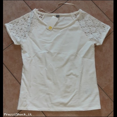 T-Shirt bianca – inserti in pizzo sulle spalle – taglia S 