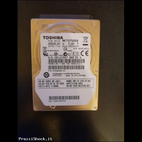 Hard disk 2,5" SATA Toshiba 750GB MK7575GSX usato