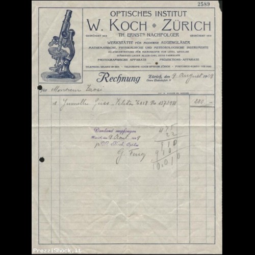 Vecchia fattura di istituto ottico svizzero Zurigo 1929 Koch