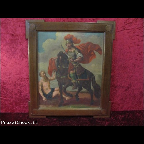 Vecchio dipinto olio del 1800 il cavaliere ed il mendicante